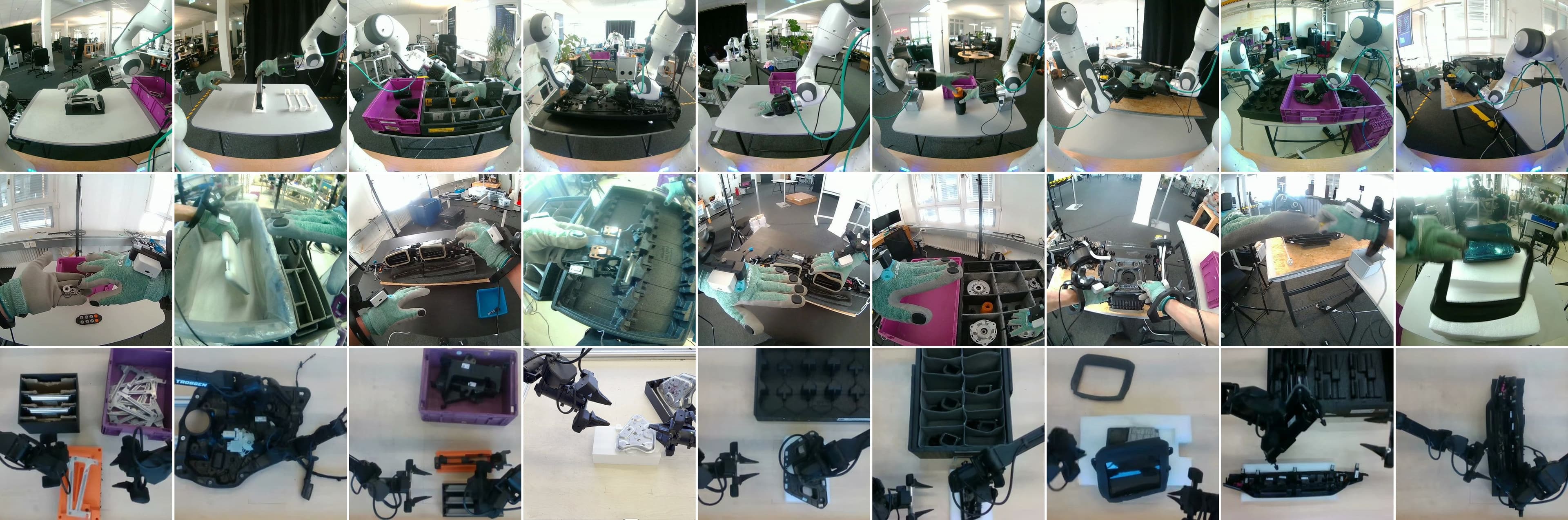 Industrial tasks recorded using a dexterous bimanual robot, wearable cameras, and a Trossen robot with grippers.